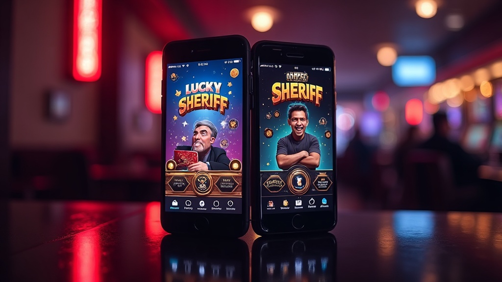 iPhone και Android με οθόνη Lucky Sheriff σε σκοτεινό καζίνο