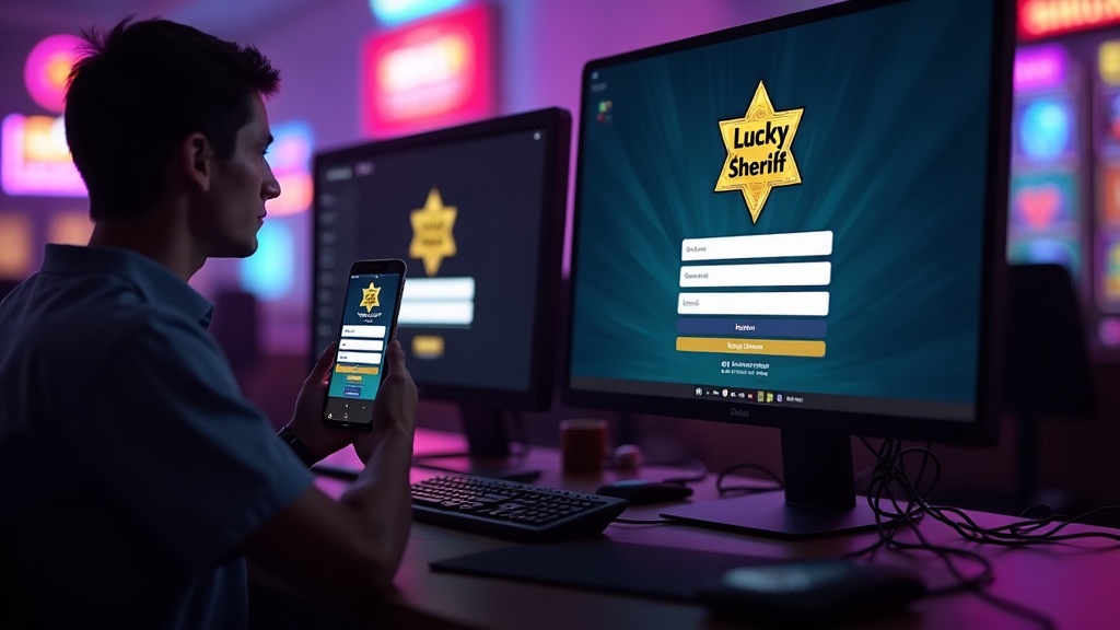 Κινητό και υπολογιστής με οθόνες σύνδεσης Lucky Sheriff σε σκοτεινό καζίνο
